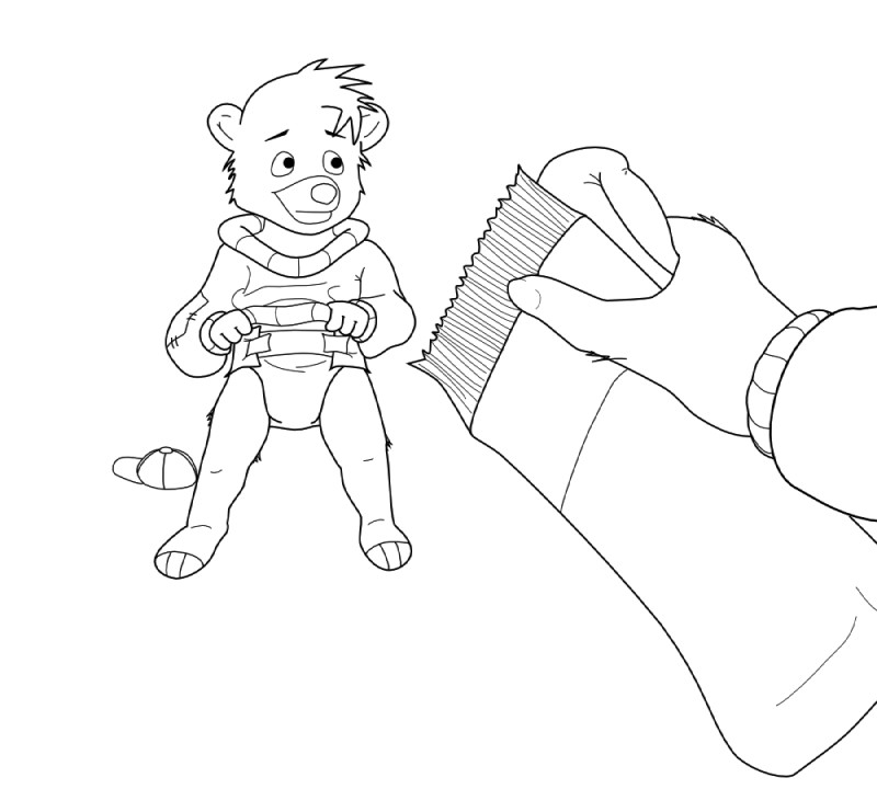 anthro clean_diaper clothed clothing diaper discarded_clothing discarded_hat discarded_headwear duo folded_diaper hat headgear headwear holding_diaper holding_object male solo_focus touching_diaper wearing_diaper young young_anthro ratiofryer disney talespin kit_cloudkicker bear mammal monochrome