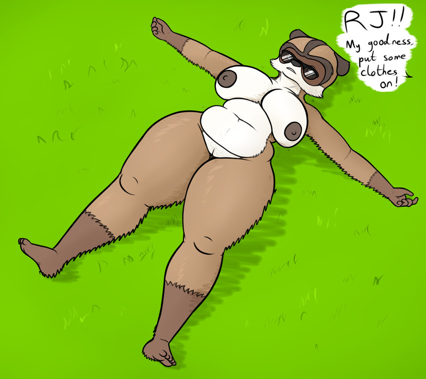 5_fingers 5_toes anthro anthrofied bald_crotch barefoot belly big_breasts breasts brown_body brown_fur casual_nudity crossgender crotch_lines curvy_figure eyewear eyewear_only feet female fingers fupa fur genitals grass humanoid_feet humanoid_genitalia humanoid_hands humanoid_pussy lying mature_anthro mature_female mtf_crossgender navel nipples nude on_back on_ground open_mouth plant plantigrade pubic_mound pussy simple_background slightly_chubby slightly_chubby_female small_waist solo speech_bubble sunbathing sunglasses sunglasses_only text thick_thighs toes voluptuous wide_hips oystercatcher7 dreamworks over_the_hedge rj_(over_the_hedge) mammal procyonid raccoon hi_res