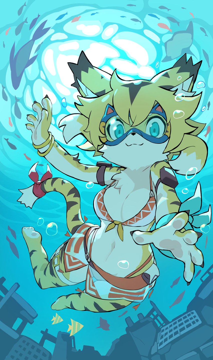 5_fingers :3 anthro bikini biped blonde_hair blue_eyes breasts brown_body bubble claws clothing day detailed_background eyewear female fingers front_view goggles hair kemono looking_at_viewer multicolored_body navel neck_tuft partially_submerged pawpads paws ruins short_hair solo stripes swimming swimming_goggles swimwear tuft two-piece_swimsuit underwater water white_body white_hair yellow_body rtari cygames world_flipper mia_(world_flipper) felid fish mammal marine pantherine tiger absurd_res hi_res