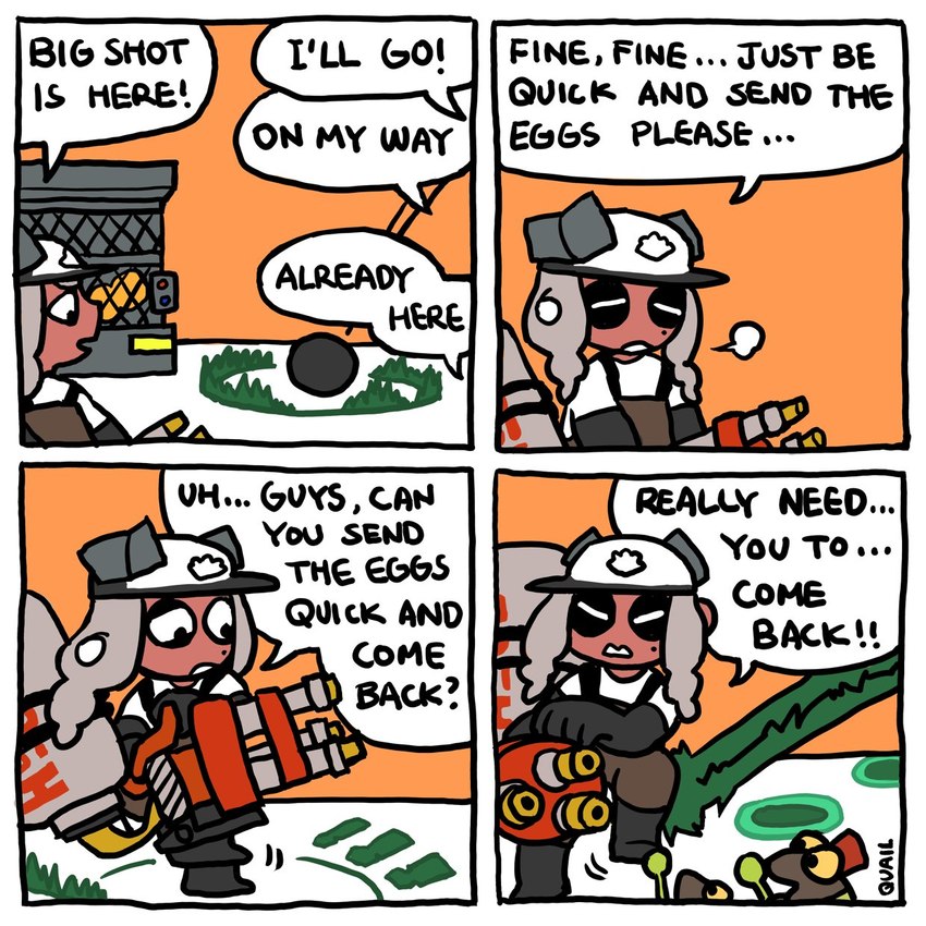 dialogue egg_basket female frustrated hydra_splatling orange_background simple_background solo speech_bubble tenta_missles text peachquail nintendo splatoon octoling_girl cephalopod fish humanoid marine mollusk octarian octoling salmonid_(splatoon) salmonoid_(splatoon) smallfry_(splatoon) 1:1 artist_name comic english_text hi_res