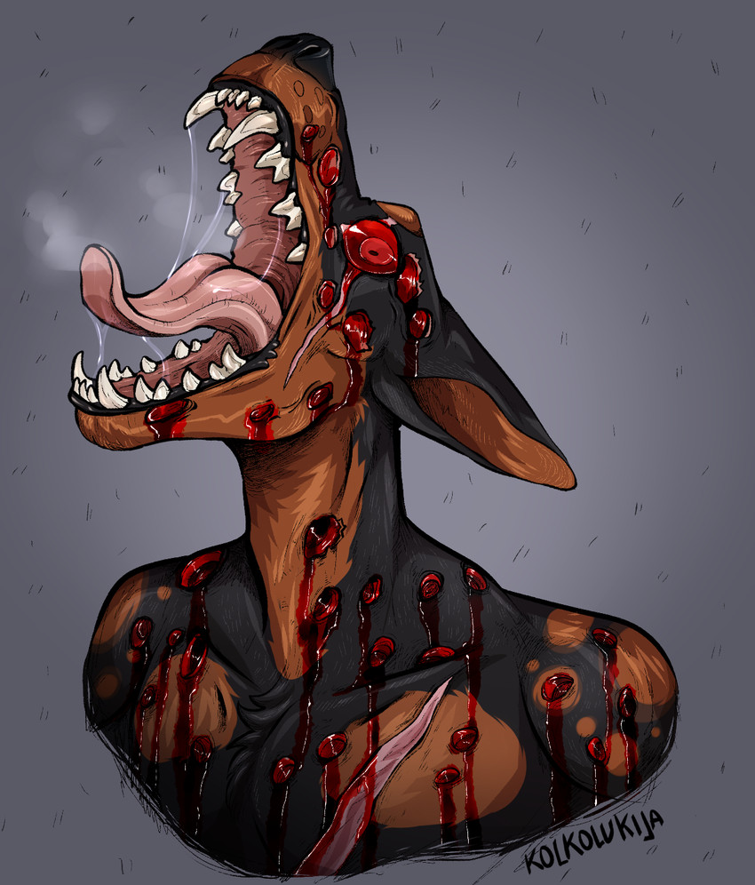 anthro blood bodily_fluids gore male open_mouth pain saliva scar solo trypophobia kolkolukija canid canine canis dobermann domestic_dog mammal pinscher hi_res