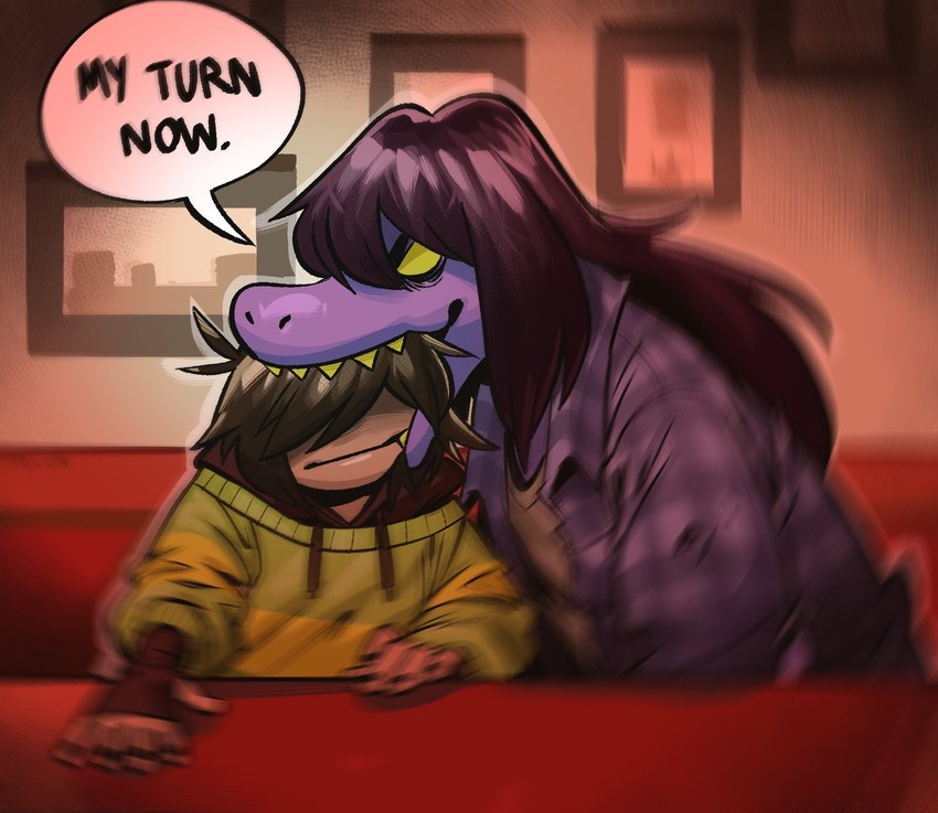 ambiguous_gender bite biting_head dialogue duo female head_in_mouth humor sharp_teeth teeth text angusburgers deltarune undertale_(series) kris_(deltarune) susie_(deltarune) dinosaur human humanoid mammal monster prehistoric_species reptile scalie 2023 english_text hi_res