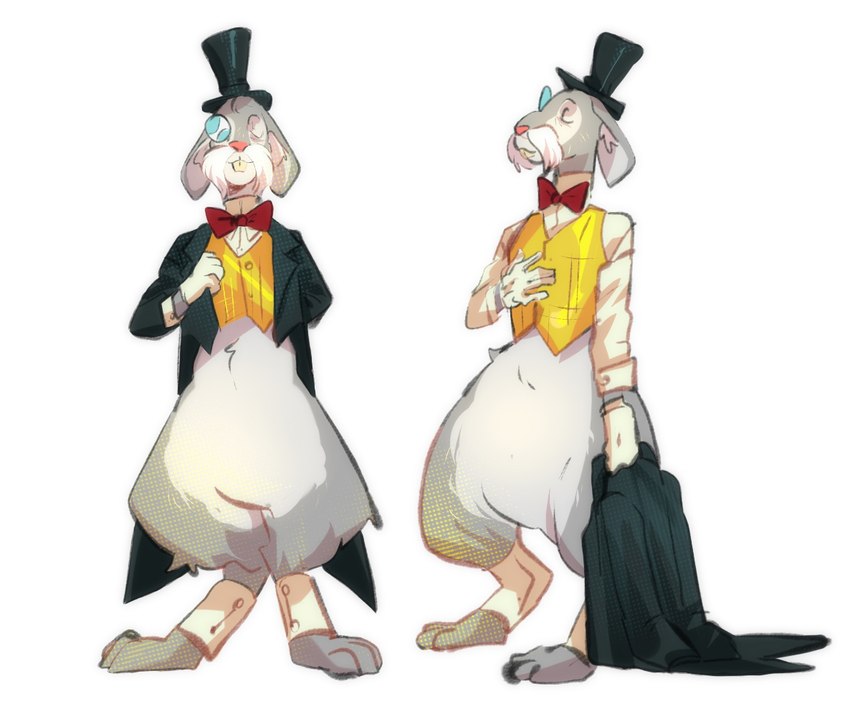 anthro bow_tie clothed clothing eyewear facial_hair fur gloves grey_body grey_fur handwear hat headgear headwear male mature_male monocle mustache solo suit top_hat grech4 cartoon_network foster's_home_for_imaginary_friends mr._herriman lagomorph leporid mammal rabbit