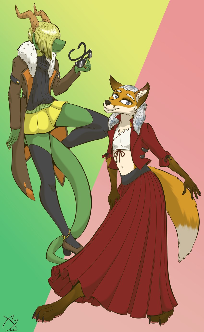 anthro bottomwear clothed clothing crossdressing duo eyewear femboy hair hair_over_eyes horn jacket legwear male skirt sunglasses tail thigh_highs topwear destrustor mythology shiro_caecilius tolenn_raspex canid canine dragon fox mammal mythological_creature mythological_scalie scalie absurd_res hi_res