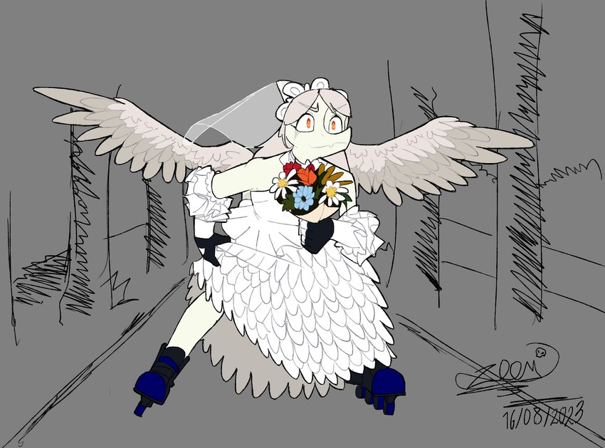 amber_eyes anthro bent_over clothing dress eyelashes feathered_wings feathers female fingerless_gloves fingers flower gloves grey_background grey_body grey_hair grey_scales hair handwear inline_skates leaning leaning_forward long_hair plant roller_skates scales simple_background smile snout solo wedding_dress wings zoom_paka cavemanon_studios goodbye_volcano_high snoot_game fang_(gvh) dinosaur prehistoric_species pterodactylus pterosaur reptile scalie 2023 artist_name dated digital_drawing_(artwork) digital_media_(artwork) hi_res signature