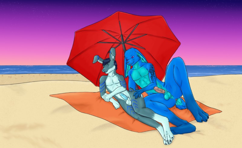 3_toes 4_toes 5_fingers animal_genitalia anthro anus balls beach beach_umbrella blue_body blue_eyes blue_fur blue_penis butt claws detailed_background duo erection feet fingers floppy_ears foreskin fur genital_piercing genitals hair humanoid_genitalia humanoid_penis knot lop_ears male male/male nude on_towel open_mouth outside parasol penis penis_piercing piercing purple_eyes sand sea seaside sheath sky smile star sunset tattoo teeth toes towel umbrella water whiskers howlfeiwolf kalani keneldrick lagomorph leporid mammal rabbit 2016 digital_media_(artwork) hi_res