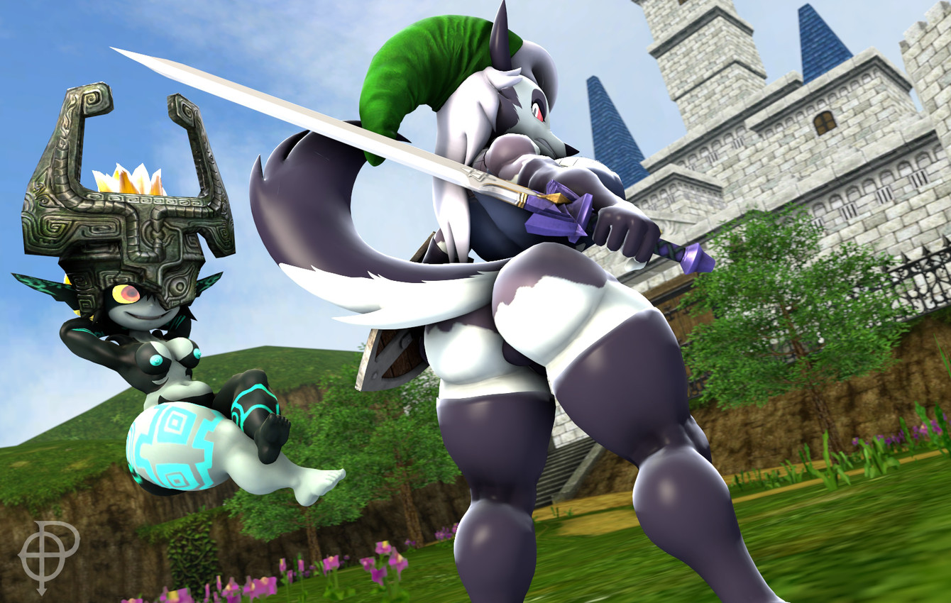 5_toes anthro areola big_breasts big_butt black_body black_clothing black_skin black_stocking black_thong black_underwear blue_sky breasts bubble_butt butt castle clothing cosplay crop_top crossover_cosplay curvy_figure day detailed_background duo feet female fishnet_clothing fishnet_topwear fluffy fluffy_tail fur green_clothing green_hat green_headwear grey_body grey_fur grey_hair grey_skin hair hands_behind_head hat headgear headwear huge_breasts huge_butt huge_hips huge_thighs humanoid_pointy_ears hylian_shield legwear levitating long_hair long_tail looking_back markings master_sword melee_weapon multicolored_body multicolored_fur multicolored_skin nipples nude nude_female nude_humanoid outside pointy_ears red_eyes red_sclera shield shirt short_stack sky small_breasts smile snout source stockings sword tail thick_thighs thong toes topwear two_tone_body two_tone_fur two_tone_skin underwear voluptuous voluptuous_anthro voluptuous_female weapon white_body white_eyes white_fur wide_hipped_anthro wide_hipped_female wide_hips yellow_sclera ordinary_pictures aeridiccore_(modeler) kabalmystic_(modeler) hellaverse helluva_boss mythology nintendo the_legend_of_zelda twilight_princess link loona_(helluva_boss) midna canid canid_demon canine demon hellhound humanoid imp mammal mythological_canine mythological_creature twili 2025 3d_(artwork) crossover digital_media_(artwork) hi_res watermark