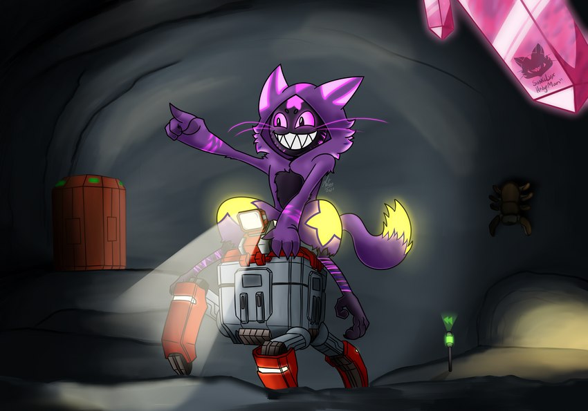 anthro bird_legs cave cave_crystal crystal fur gesture glowing glowing_eyes glowing_markings grin hand_gesture machine male markings pointing riding smile teeth whiskers sonicluxhedgeman asian_mythology deep_rock_galactic east_asian_mythology ghost_ship_games japanese_mythology mythology soniclux cave_creature glyphid glyphid_grunt impim mammal robot yokai absurd_res digital_drawing_(artwork) digital_media_(artwork) hi_res signature watermark