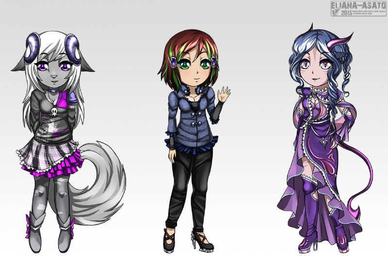 anthro blue_hair bottomwear brown_hair chibi clothed clothing dress female footwear fully_clothed fur green_eyes grey_body grey_fur group hair high_heels jwp long_hair purple_eyes shoes short_hair skirt smile standing white_hair eliana-asato ceri yana_(jwp) felid human mammal fay_(disambiguation) 2015