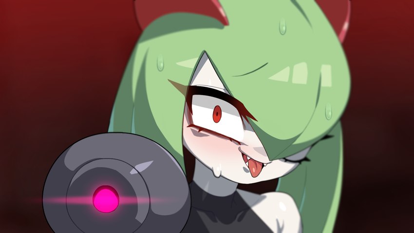 bodily_fluids gradient_background green_hair hair looking_at_viewer open_mouth red_background red_eyes red_tongue simple_background solo sweat teeth tongue tongue_out white_body white_skin drunk_oak nintendo pokemon generation_3_pokemon humanoid kirlia pokemon_(species) 16:9 2023 hi_res widescreen