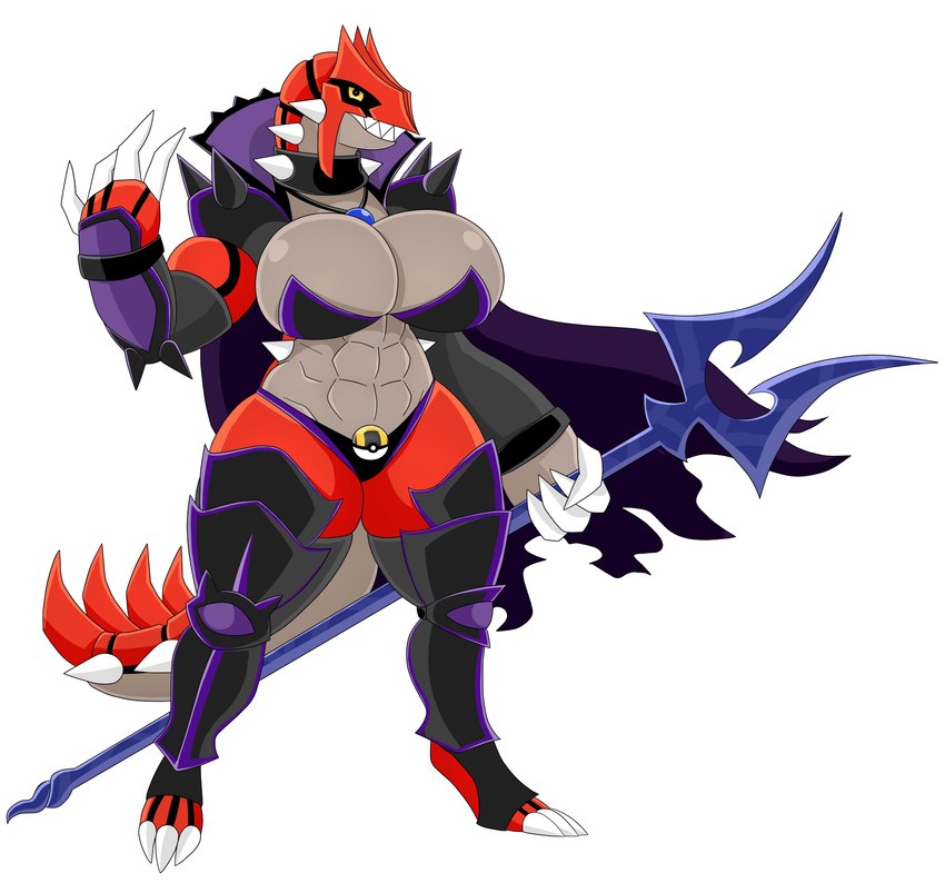 anthro armor armwear big_breasts breasts claws clothing collar female huge_breasts legwear melee_weapon muscular muscular_female pokeball polearm pupils red_body simple_background solo spiked_collar spikes tail topwear trident underwear weapon white_background yellow_eyes urusee584 nintendo pokemon generation_3_pokemon groudon legendary_pokemon pokemon_(species) absurd_res hi_res