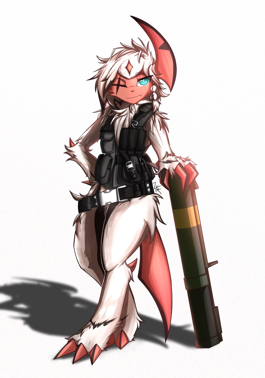 ambiguous_gender anthro arm_tuft belt biped black_nose blue_eyes bottomless chest_tuft claws clothed clothing elbow_tuft eyebrows finger_claws fur hair looking_at_viewer m72_law one_eye_closed ranged_weapon red_body red_claws red_eyebrows red_fur rocket_launcher semi-anthro shadow shoulder_tuft simple_background solo toe_claws topwear tuft vest weapon white_background white_body white_fur white_hair wink knoxisnotdead nintendo pokemon absol generation_3_pokemon pokemon_(species) shiny_pokemon 2022 absurd_res digital_media_(artwork) hi_res signature