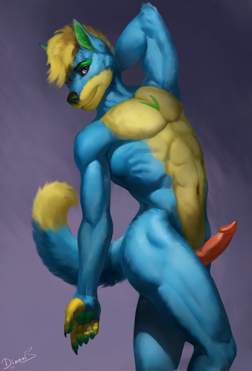 animal_genitalia animal_penis anthro athletic athletic_anthro athletic_male blonde_hair blue_body blue_fur erection fur genitals green_ears hair knot male multicolored_body nude penis pose purple_eyes simple_background smile solo yellow_body yellow_fur dimonis kale_(kinit935) canid canine canis coyote mammal 2022 hi_res pinup signature watermark