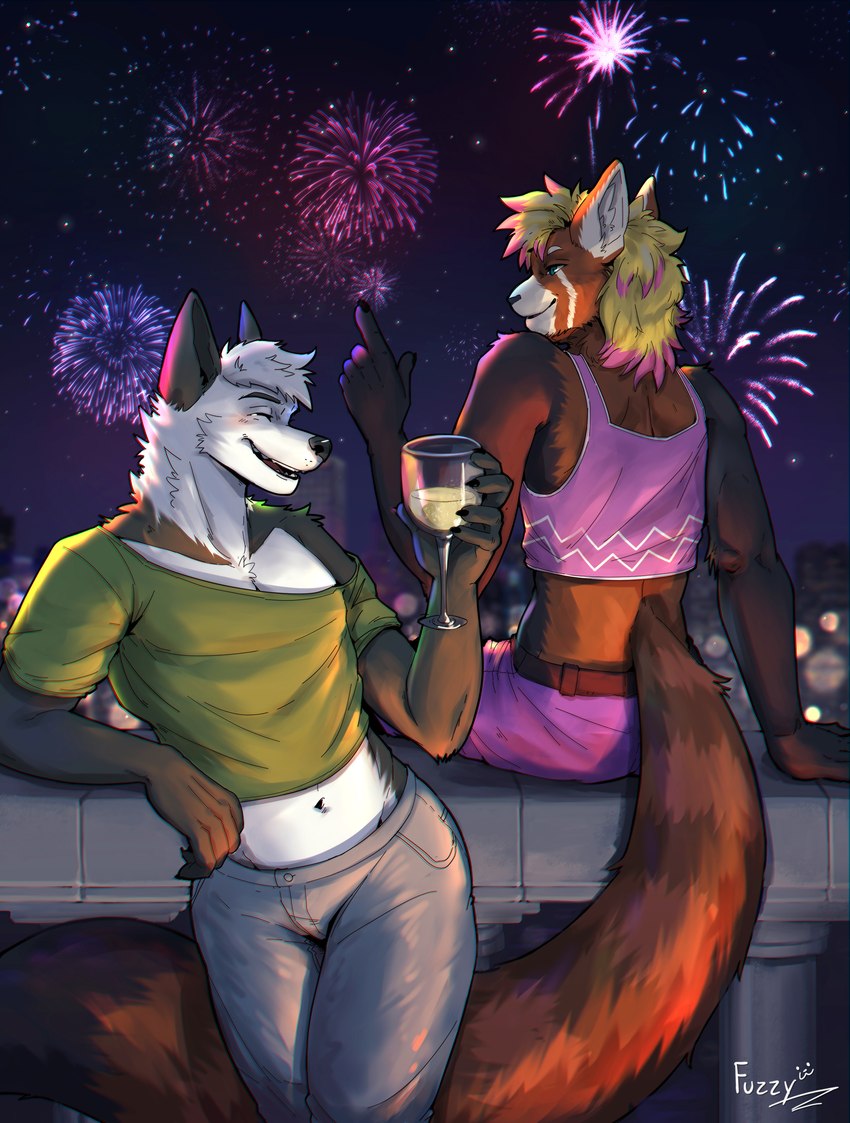 anthro big_tail biped blonde_hair blue_eyes blush bodily_fluids champagne_glass city city_background claws clothed clothing container crying cup drinking_alcohol drinking_glass duo fireworks fur gesture glass glass_container glass_cup hair hand_gesture holidays laugh leaning_on_railing male multicolored_body multicolored_fur night orange_body orange_fur pointing pointing_up purple_hair railing sitting_on_railing skimpy smile star tail tears tears_of_joy teeth two_tone_body two_tone_fur white_body white_fur fuzziness new_year ailurid canid canine mammal red_panda absurd_res hi_res