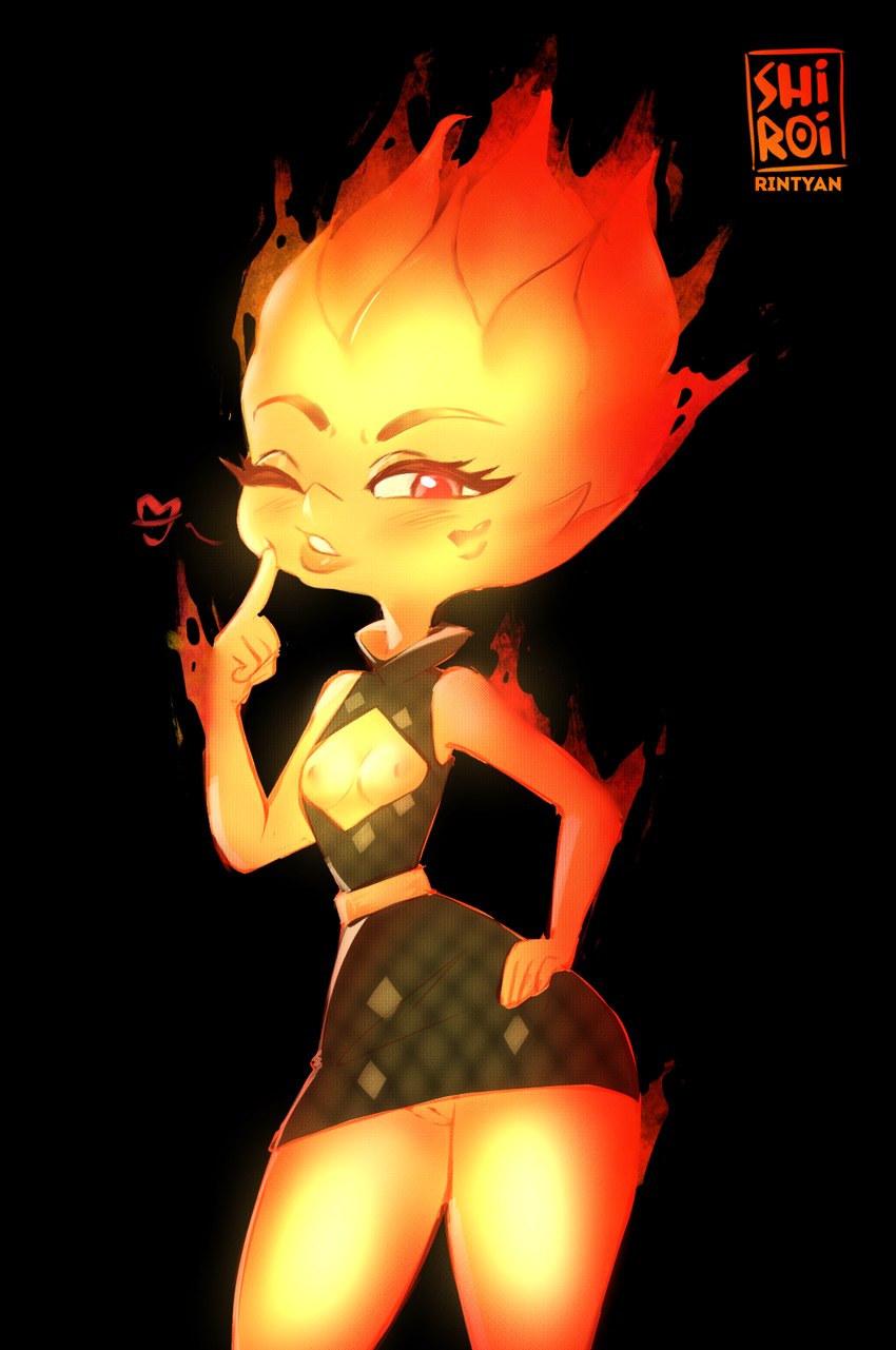 blush breasts clothed clothing dress female fire flaming_hair genitals looking_at_viewer nipples not_furry open_clothing open_dress pseudo_hair pussy short_dress simple_background smile smirk solo standing upskirt rin_tyan disney elemental_(pixar) pixar ember_lumen elemental_creature elemental_humanoid fire_creature fire_humanoid humanoid 2023 digital_media_(artwork) hi_res