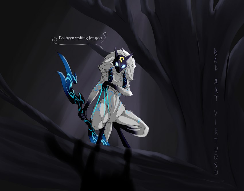 crouching dialogue female flat_chested fur glowing glowing_eyes glowing_markings hooves looking_at_viewer markings mask solo talking_to_viewer text unguligrade badartvirtuoso league_of_legends riot_games tencent kindred_(lol) lamb_(lol) bovid caprine mammal sheep absurd_res english_text hi_res