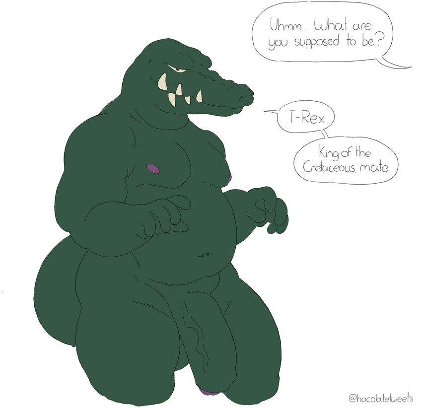 anthro barazoku belly big_penis dialogue genitals leaning leaning_forward looking_at_viewer male muscular muscular_anthro muscular_male nude penis sharp_teeth slightly_chubby slouch smile smirk solo speech_bubble teeth text thick_neck vein veiny_penis hocolatemilk crocodilian reptile scalie english_text hi_res