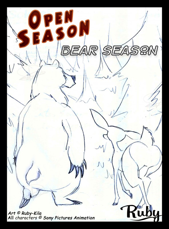 big_butt black_border blush border butt cuckold duo female feral fur male text rubykila open_season boog_(open_season) giselle_(open_season) antelope bear bovid deer mammal absurd_res comic english_text hi_res sketch