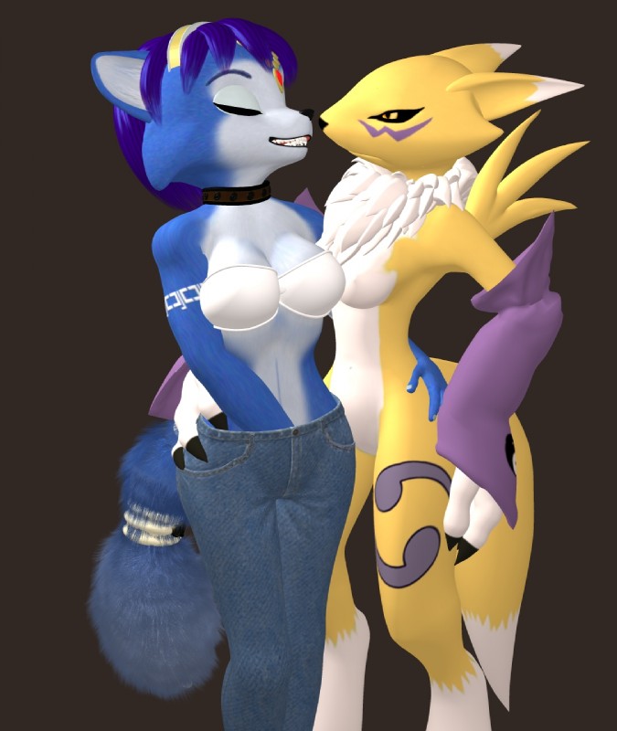 anthro black_sclera blue_body blue_fur blue_hair duo female female/female fur hair masturbation white_body white_fur yellow_body yellow_fur newtonx2012 bandai_namco digimon nintendo star_fox krystal_(charleyfox) krystal_(star_fox) canid canine digimon_(species) fox mammal renamon 3d_(artwork) crossover digital_media_(artwork) hi_res