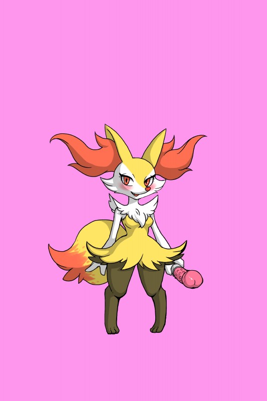 anthro blush breasts dildo female looking_at_viewer pink_background pink_dildo red_eyes semi-anthro sex_toy simple_background small_breasts smile solo standing kewon nintendo pokemon braixen generation_6_pokemon pokemon_(species) 2:3 absurd_res full-length_portrait hi_res portrait