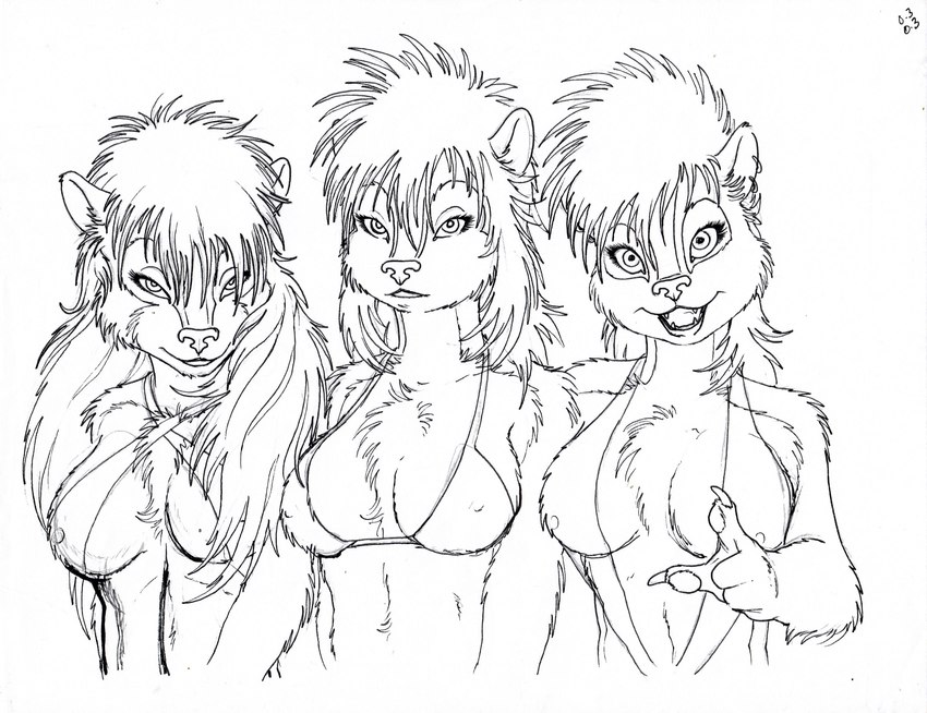 anthro biped breasts claws clothing drawing ear_piercing ear_ring female fur gesture hair hand_gesture long_hair looking_at_viewer nipple_outline piercing pointing pointing_at_viewer ring_piercing swimwear white_body white_fur white_hair james_m_hardiman lori_(jmh) natasha_(jmh) onyx_(jmh) mammal mephitid skunk 2014 absurd_res hi_res portrait sketch