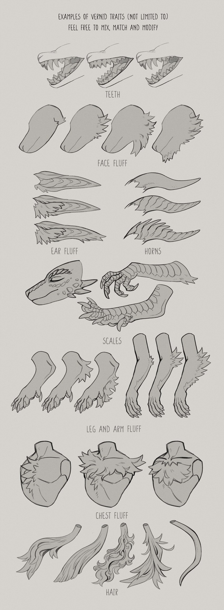 4_toes 5_fingers ambiguous_gender anthro arm_tuft cheek_tuft chest_tuft digitigrade elbow_tuft facial_tuft feet fingers horn how-to inner_ear_fluff markings mouth_shot open_mouth scale_markings scales simple_background solo tail tail_tuft teeth text toes tuft lilaira vernid 2022 absurd_res digital_media_(artwork) english_text hi_res model_sheet monochrome