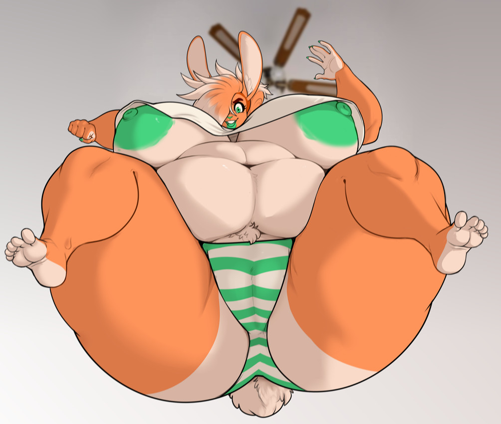 5_fingers 5_toes anthro areola big_breasts breasts camel_toe ceiling_fan clothed clothing electric_fan feet female fingers fur green_areola green_eyes green_nipples hair hair_over_eye huge_breasts low-angle_view multicolored_body multicolored_fur multicolored_hair nipples orange_body orange_fur orange_hair overweight overweight_anthro overweight_female panties scut_tail shirt short_tail soles solo t-shirt tail thick_thighs toes topwear two_tone_body two_tone_fur two_tone_hair underwear white_body white_fur white_hair worm's-eye_view mr.pink dulce_(mr.pink) lagomorph leporid mammal rabbit