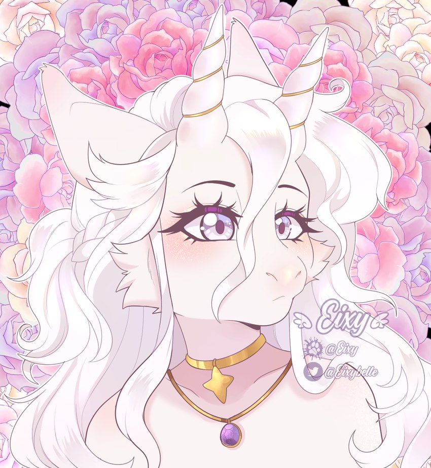 2_horns anthro blush carnation eyebrows eyelashes female flower fur gem gold_(metal) gold_jewelry hair horn jewelry long_hair necklace pendant plant purple_eyes solo tuft white_body white_fur white_hair eixy mythology aurelia_(eixy) bicorn dragon equid equine hybrid mammal mythological_creature mythological_scalie scalie 2022 digital_media_(artwork) hi_res icon portrait watermark