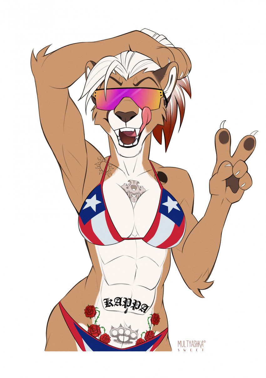 5_fingers abs anthro bikini breasts brown_body brown_fur claws cleavage clothed clothing eyewear fangs female finger_claws fingers flag_bikini front_view fur gesture hair hand_gesture hand_on_head highlights_(coloring) licking licking_lips muscular muscular_female navel pose puerto_rican_flag_bikini red_hair rose_tattoo simple_background solo sunglasses swimwear tattoo teeth tongue tongue_out two-piece_swimsuit v_sign white_background white_body white_fur white_hair multyashka-sweet ivy_(bronx23) cougar felid feline mammal digital_media_(artwork) half-length_portrait hi_res portrait