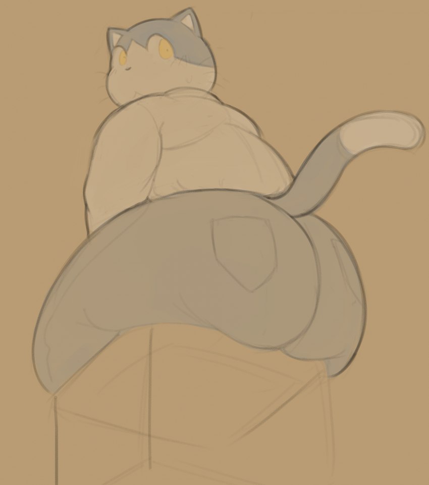 anthro back_fat belly big_butt black_body black_fur blush butt butt_focus butt_squish collared_shirt dipstick_tail embarrassed fur looking_back male markings overweight overweight_anthro overweight_male shy sitting slacks solo squish tail tail_markings thick_thighs whiskers white_body white_fur yellow_eyes cafongterua pau_(cafongterua) domestic_cat felid feline felis mammal tuxedo_cat 2024 colored digital_drawing_(artwork) digital_media_(artwork) hi_res