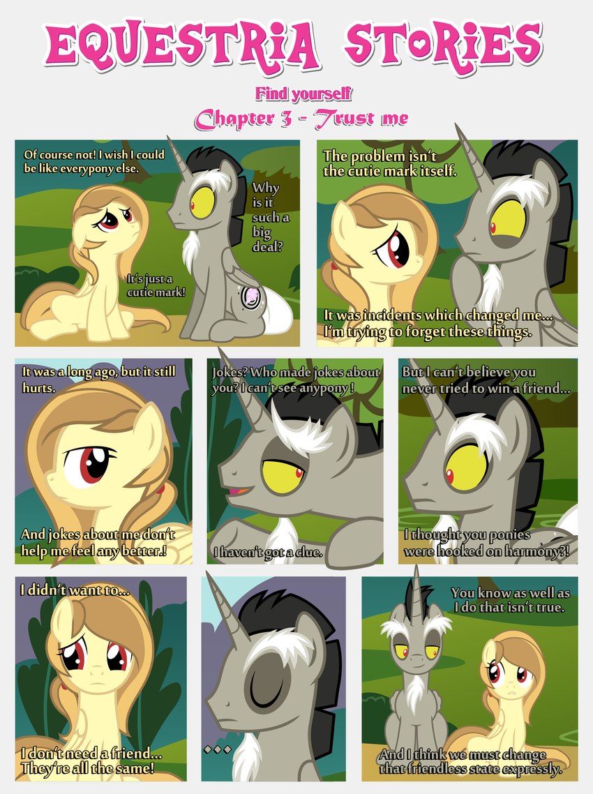 advice black_border border cutie_mark dialogue duo ears_down ears_up eyes_closed female feral frown horn male open_mouth outside pivoted_ears plant sad sitting text tree wide_eyed wings estories friendship_is_magic hasbro my_little_pony mythology alice_goldenfeather_(estories) discord_(mlp) equid equine mammal mythological_creature mythological_equine pegasus winged_unicorn absurd_res english_text hi_res