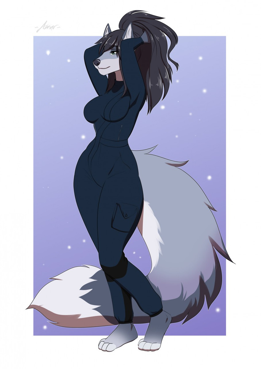 4_toes anthro black_hair black_nose breasts eyebrows eyelashes feet female fur grey_body grey_fur hair smile solo standing toes amur canid canine mammal 2020 digital_media_(artwork) hi_res