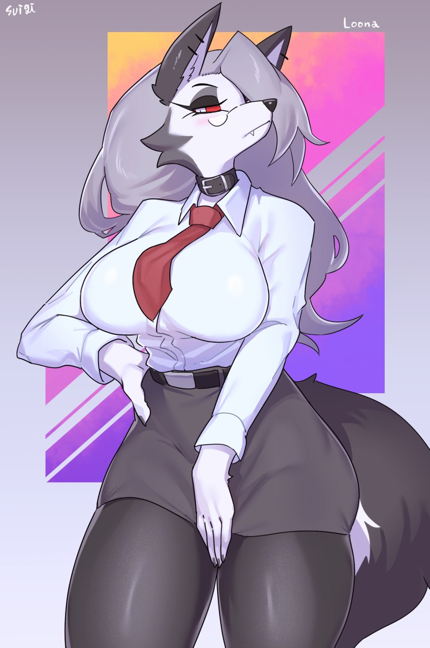 anthro big_breasts blush bottomwear breasts clothed clothing countershading ear_piercing ear_ring eyewear female female_anthro glasses kemono looking_at_viewer office office_clothing office_lady piercing ring_piercing secretary simple_background skirt solo sususuigi helluva_boss mythology loona_(helluva_boss) canid canid_demon canine demon hellhound mammal mythological_canine mythological_creature 2021 digital_media_(artwork) hi_res shaded