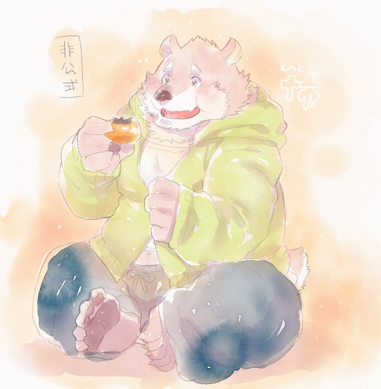 blush clothed clothing eating food fruit fully_clothed hoodie male pawpads persimmon plant sitting slightly_chubby solo topwear star_parlor lifewonders tokyo_afterschool_summoners jambavan_(tas) bear mammal hi_res