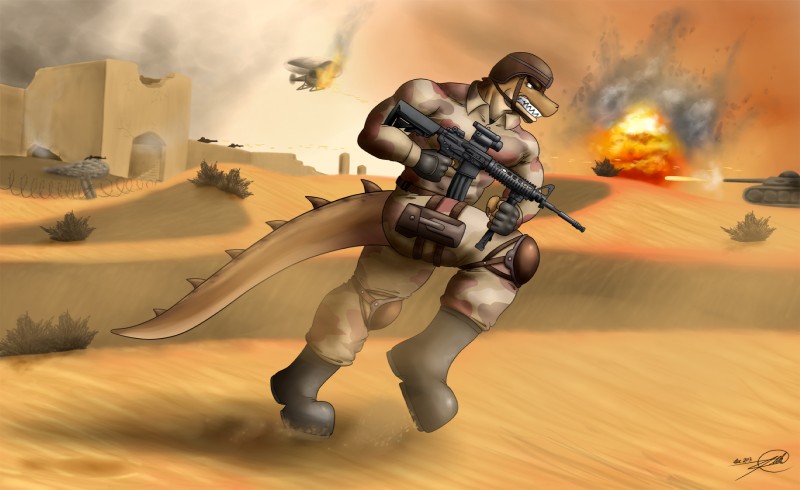 5_fingers aircraft anthro ar-15 armor assault_rifle barbed_wire battle blue_eyes boots brown_body brown_claws brown_scales brown_tail building claws clothed clothing countershade_tail countershading day desert detailed_background explosion fingerless_gloves fingers fire footwear fully_clothed gloves gun handwear headgear helicopter helmet holding_gun holding_object holding_ranged_weapon holding_weapon knee_pads long_tail m4 m4_sherman_(tank) male multicolored_body multicolored_scales multicolored_tail outside ranged_weapon rifle running sand scales sherman_(tank) shoes side_view sky smoke solo spikes standing tail tan_body tan_scales tan_tail tank teeth two_tone_body two_tone_scales two_tone_tail vehicle war weapon symbolhero landon_mornhinweg allosaurid allosaurus dinosaur prehistoric_species reptile scalie theropod 2013 digital_media_(artwork) full-length_portrait hi_res portrait signature