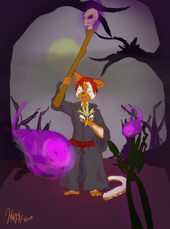 anthro bone clothed clothing forest fully_clothed hair looking_down male orange_hair outside plant raised_arm robe skeleton skull solo staff standing tree happyfabian conchobhar domestic_cat felid feline felis ghost mammal spirit undead 2014 digital_media_(artwork)