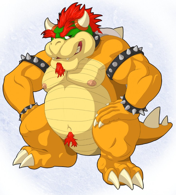 2_horns anthro bracelet claws fur horn jewelry looking_at_viewer male nude overweight overweight_anthro overweight_male red_eyes solo spiked_bracelet spiked_tail spikes spikes_(anatomy) tail tuft drakedragon mario_bros nintendo bowser koopa scalie