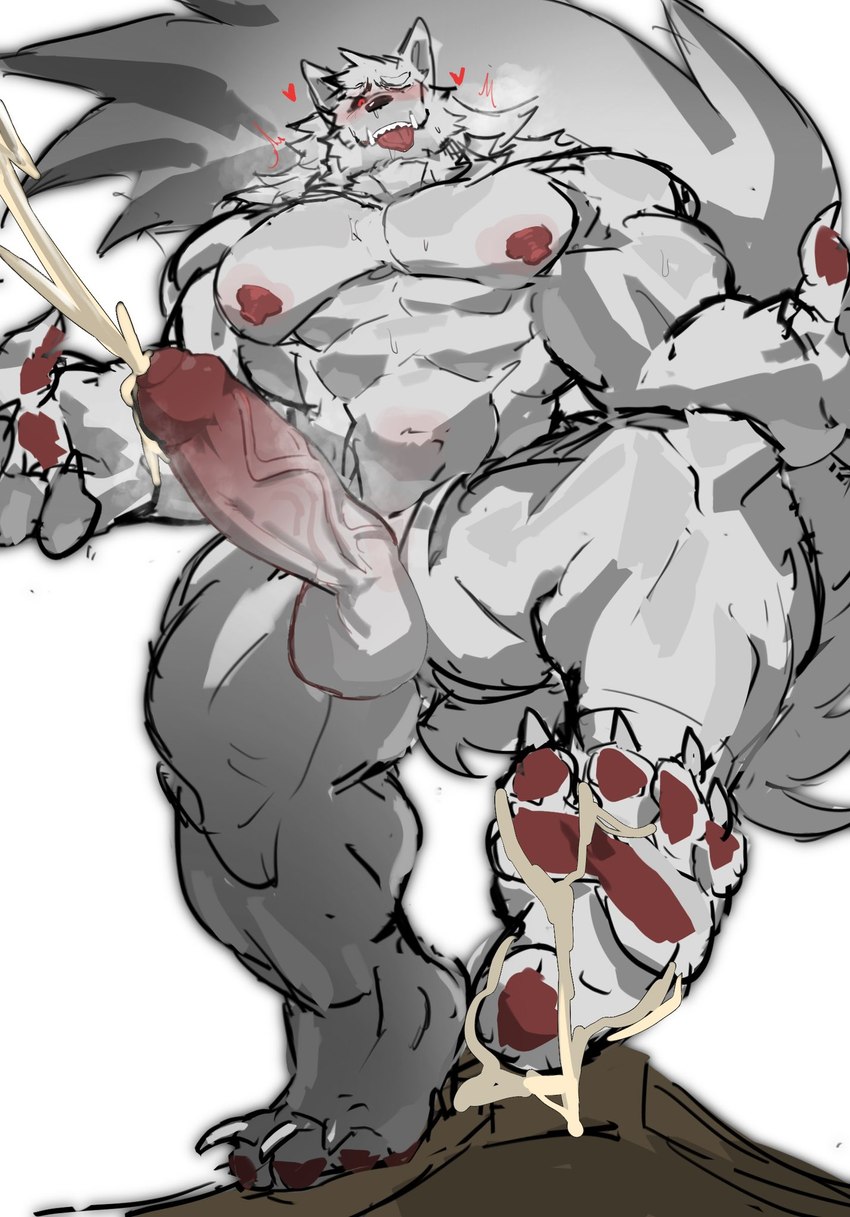 4_toes abs anthro big_penis black_sclera bodily_fluids claws cum cum_on_feet ejaculation erection feet foreskin front_view genital_fluids genitals humanoid_genitalia humanoid_penis low-angle_view male muscular one_eye_closed one_leg_up pawpads paws pecs penis plantigrade raised_leg red_eyes simple_background snot solo step_pose sweat tight_foreskin toes tongue tongue_out unretracted_foreskin vein veiny_penis white_background white_body shaqiqi2077 black_myth:_wukong lingxuzi canid canine canis mammal wolf colored_sketch hi_res sketch