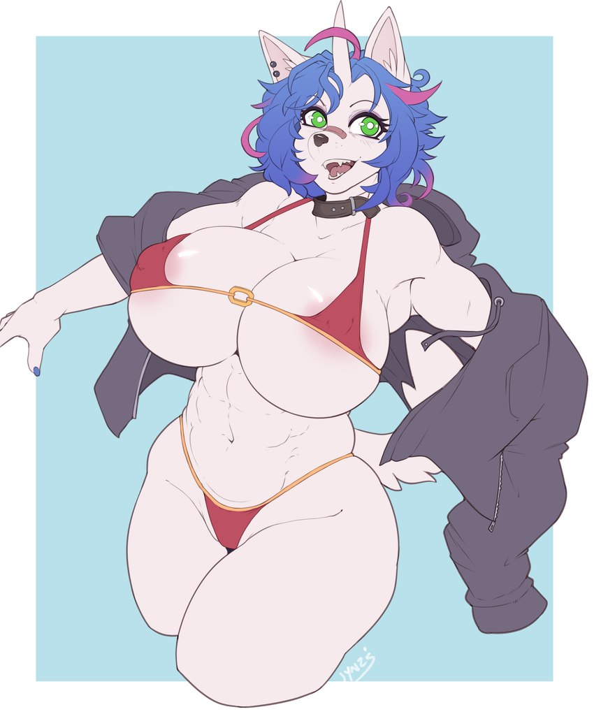 abs anthro big_breasts bikini blue_hair breasts clothing curvy_figure female hair huge_breasts nipple_slip solo swimwear taking_off_clothing thick_thighs two-piece_swimsuit under_boob white_body wide_hips conditional_dnp wyntersun wynter canid canine mammal 2025 absurd_res hi_res