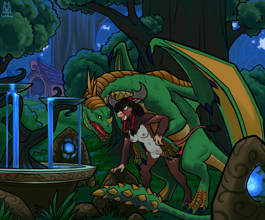 anthro anthro_on_feral anthro_penetrated bestiality breasts claws detailed_background duo exposed_breasts female female_penetrated feral feral_penetrating feral_penetrating_anthro flowing_water forest fountain genitals grass green_body green_eyes green_scales horn male male/female male_penetrating male_penetrating_female membrane_(anatomy) membranous_wings night open_mouth outside penetration penis plant pussy scales sex spines tail teeth tongue tree vaginal vaginal_penetration water wings lichfang blizzard_entertainment european_mythology mythology warcraft aylen_galehoof bovid bovine deer dragon highmountain_tauren mammal moose mythological_creature mythological_scalie new_world_deer scalie tauren western_dragon 2020 digital_media_(artwork) story story_in_description