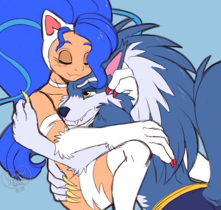 anthro blue_body blue_fur blush claws clothed clothing duo eyelashes eyes_closed female fur gloves_(marking) hand_on_butt head_on_breast hug humanoid_on_anthro male male/female markings nude topless yellow_eyes caramel-kitteh capcom darkstalkers felicia_(darkstalkers) jon_talbain animal_humanoid canid canine canis cat_humanoid felid felid_humanoid feline feline_humanoid humanoid mammal mammal_humanoid wolf hi_res