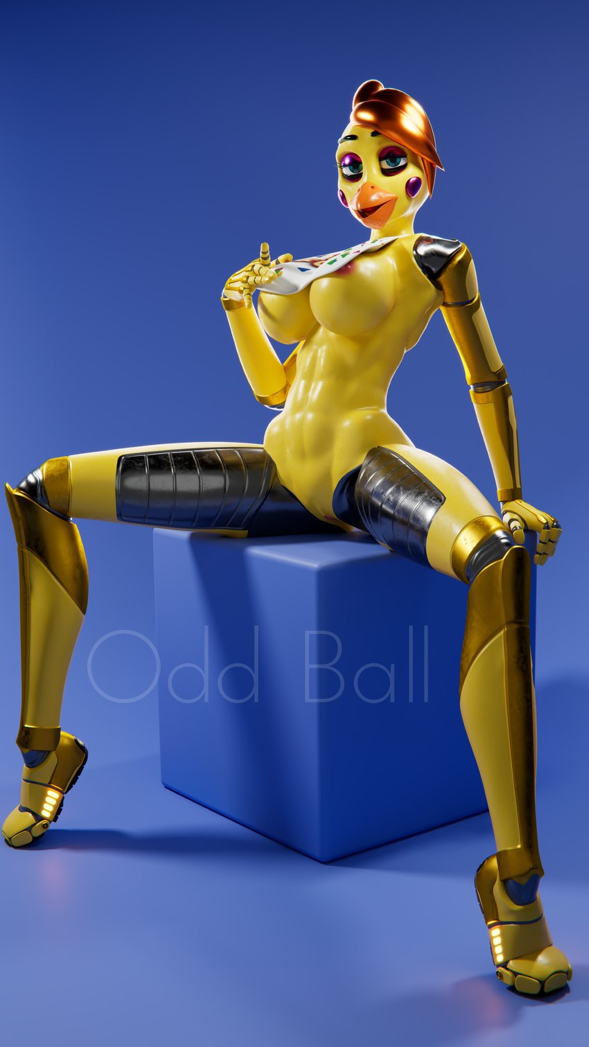 anthro beak bib big_breasts breasts clothing female genitals hair looking_at_viewer machine muscular muscular_female nipples nude pussy simple_background sitting smile solo spread_legs spreading yellow_body oddbaals five_nights_at_freddy's five_nights_at_freddy's_2 scottgames toy_chica_(fnaf) toy_chica_(psychojohn2) animatronic avian bird chicken galliform gallus_(genus) mammal phasianid robot robot_anthro 2024 3d_(artwork) 4k 9:16 absurd_res blender_(artwork) digital_media_(artwork) hi_res watermark