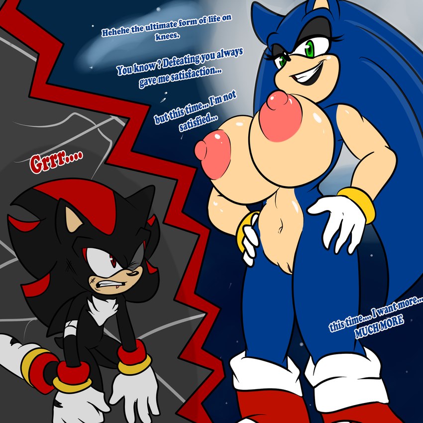 anthro big_breasts black_lips breasts crossgender defeated dominant dominant_female duo female genitals high-angle_view huge_breasts kneeling lips low-angle_view male male/female text soulyagami64 sega sonic_the_hedgehog_(series) shadow_the_hedgehog sonic_the_hedgehog 1:1 english_text hi_res