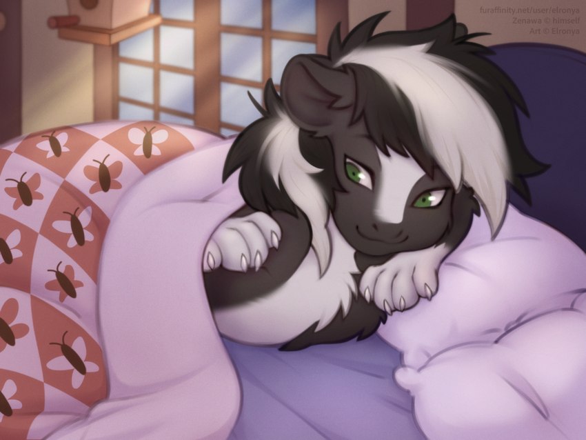 bed bedding blanket comfy furniture lazy lying male pillow solo elronya hasbro my_little_pony fan_character zenawa_skunkpony equid equine horse hybrid mammal mephitid pony skunk 4:3 alternate_version_at_source