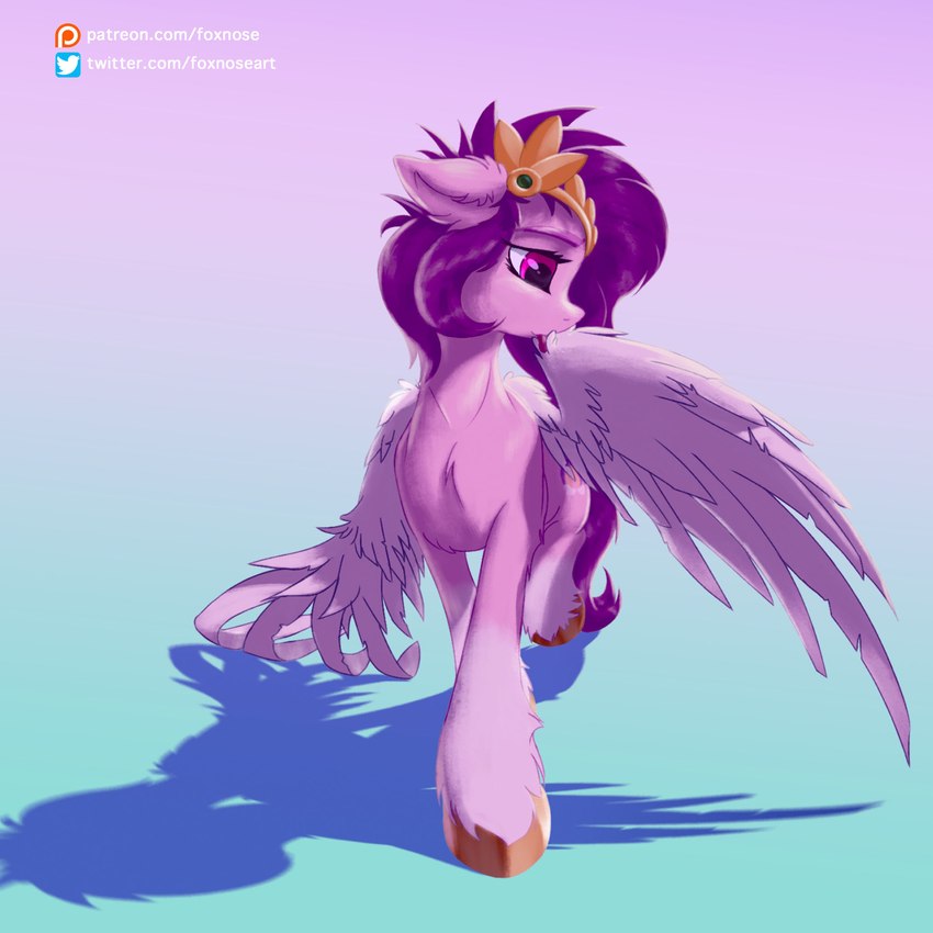 crown ear_tuft feathered_wings feathers female feral floppy_ears fur hair headgear hooves licking pink_body pink_eyes pink_fur purple_hair self_lick solo tongue tongue_out tuft wings foxnose hasbro mlp_g5 my_little_pony mythology pipp_petals_(mlp) equid equine mammal mythological_creature mythological_equine pegasus 1:1 hi_res signature