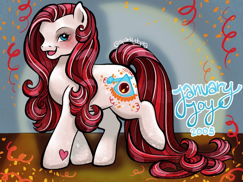 blue_eyes blush confetti cutie_mark eyebrows eyelashes female fur gem gem_on_hip hair heart_(marking) hooves inside long_hair long_mane long_tail mane markings open_mouth open_smile quadruped raised_leg red_hair red_mane red_tongue ruby_(gem) smile solo streamers tail text tongue walking wall_(structure) wavy_hair wavy_mane wavy_tail white_body white_fur white_hooves sparkytopia hasbro mlp_g3 my_little_pony january_joy_(mlp) earth_pony equid equine horse jewel_pony mammal pony 2024 4:3 artist_name colored digital_drawing_(artwork) digital_media_(artwork) english_text shaded