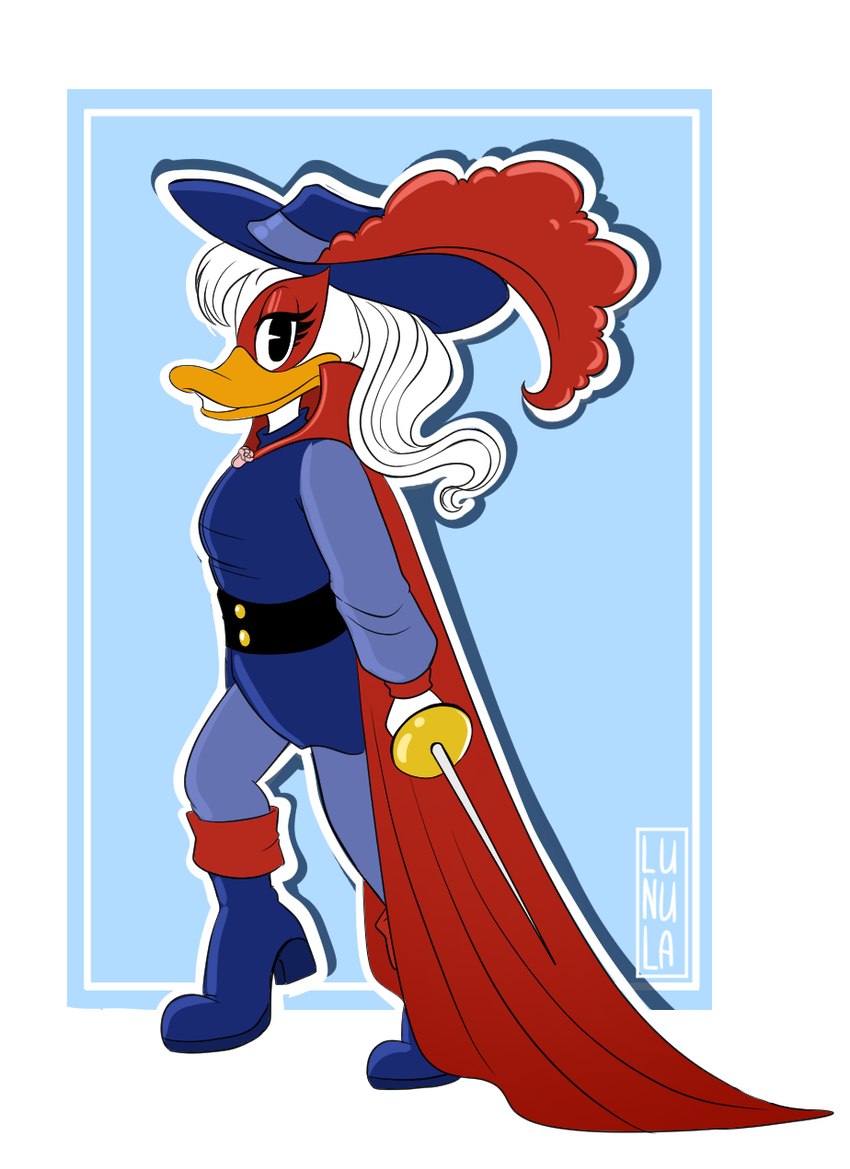 anthro boots cape clothing female footwear hair hat hat_feather headgear headwear hero long_hair loose_feather mask masked_female musketeer shoes solo swordswoman kinkypeach daisy_and_the_mysteries_of_paris disney daisy_duck the_rose_of_paris anatid anseriform avian bird duck hi_res