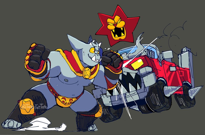 anthro belt car championship_belt duo fur grey_body grey_fur horn machine male musclegut muscular muscular_anthro muscular_male nipples pecs red_eyes solo_focus tusks vehicle wheel wrestler yellow_sclera tatertottoto kings_of_hell buer_(kings_of_hell) enfer_belial bovid caprine demon goat living_car living_machine living_vehicle mammal hi_res