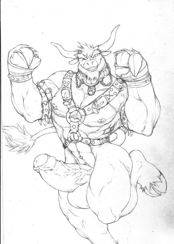 anthro balls big_balls big_penis chain cloven_hooves collar erection foreskin genitals harness hooves horn huge_balls huge_penis humanoid_genitalia humanoid_penis leather male mostly_nude muscular muscular_anthro muscular_male navel one_eye_closed penis pose smile solo wink utx-shapeshifter european_mythology greek_mythology mythology utx bovid bovine mammal minotaur werecreature black_and_white hi_res monochrome