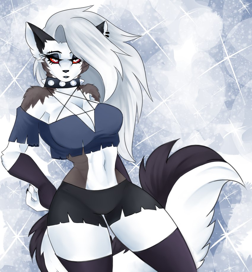 anthro bottomwear breasts cleavage clothed clothing collar dipstick_ears ear_markings ear_piercing female midriff multicolored_ears navel piercing red_sclera shorts solo sparkles sparkling_background spiked_collar spikes white_eyes cassielink helluva_boss mythology loona_(helluva_boss) canid canid_demon canine demon hellhound mammal mythological_canine mythological_creature absurd_res digital_media_(artwork) hi_res sketch